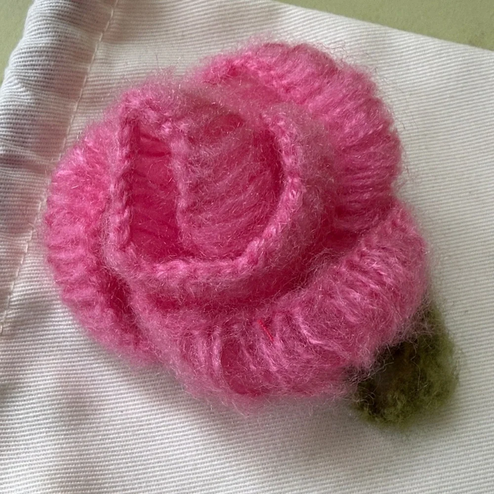 Unique Hand-Knitted Pink Mohair Flower Brooch